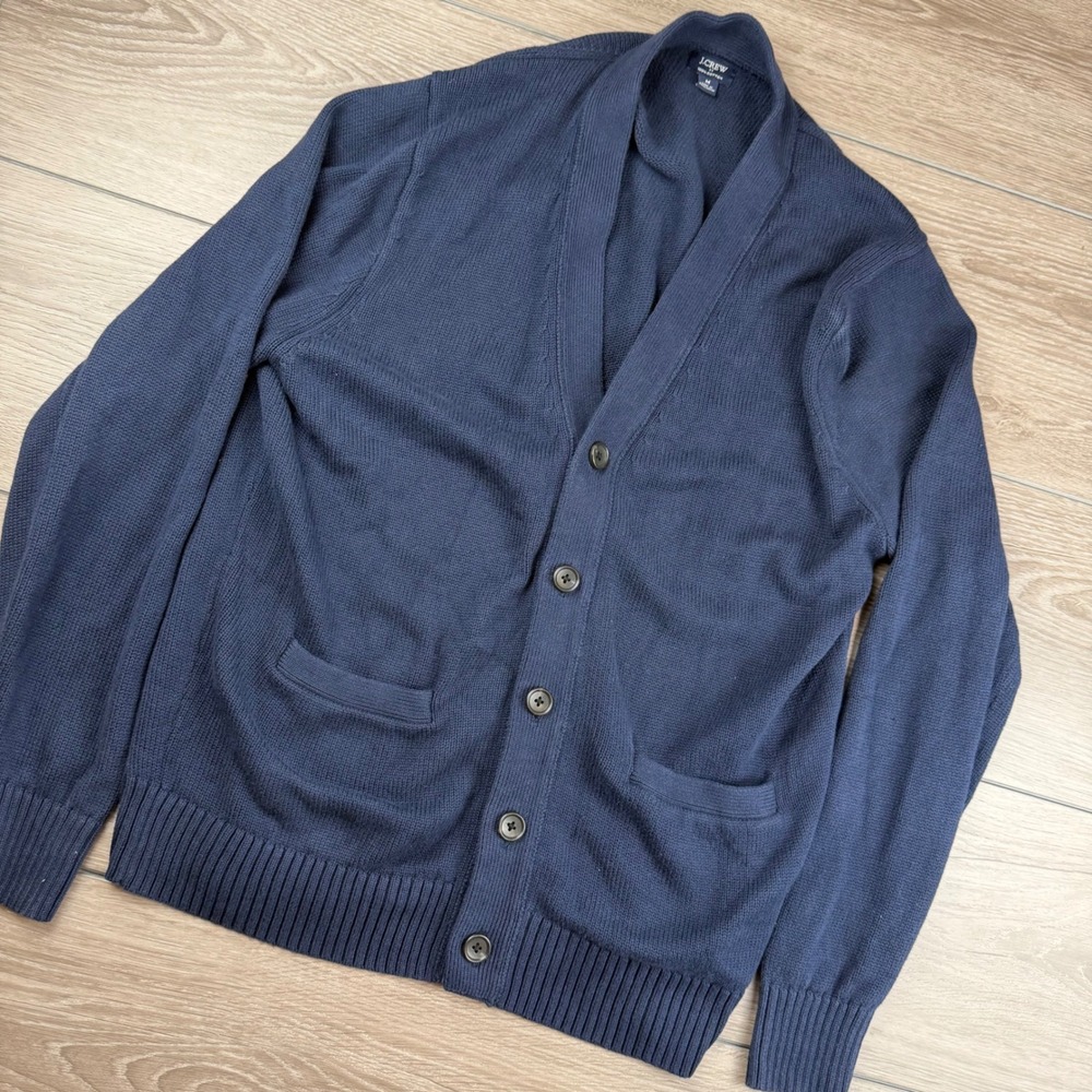 J.Crew Mens Cardigan Sweater Shawl Collar Button Front Navy Blue Medium